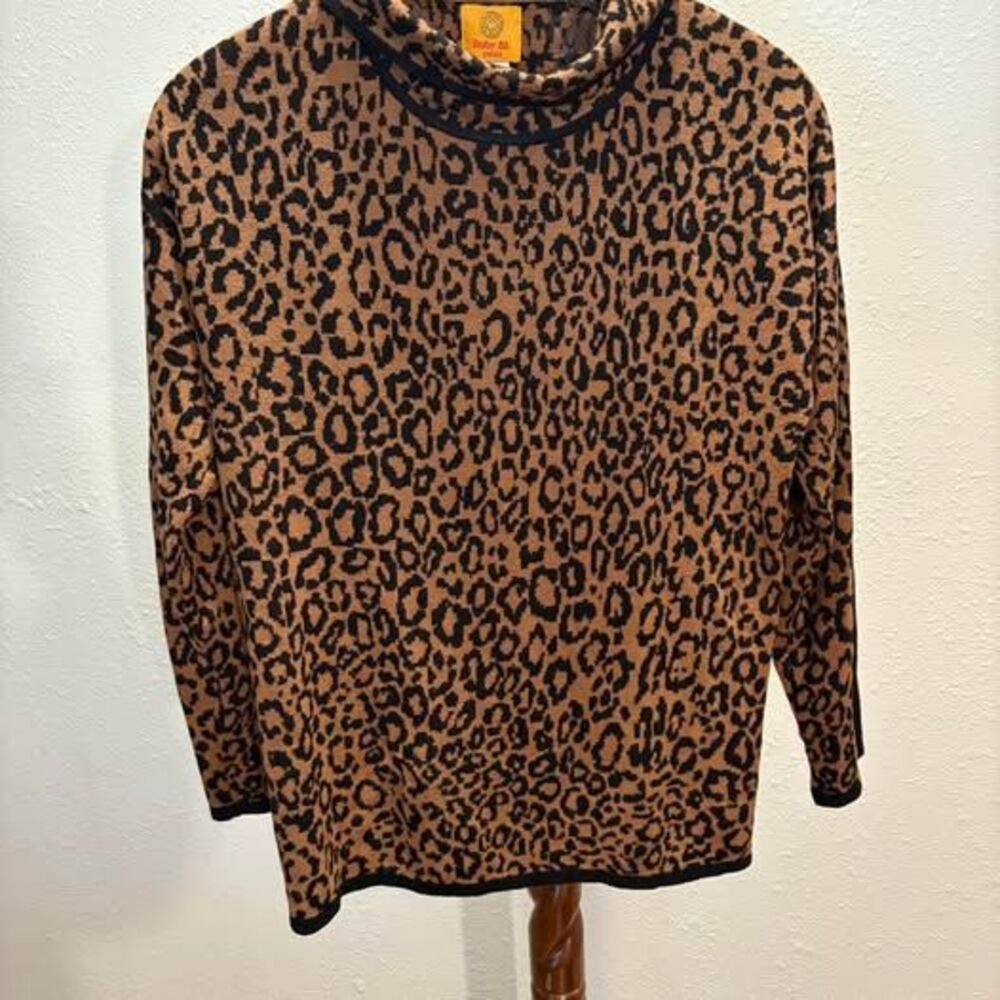 Ruby Rd. Petite Leopard Print Cowl Neck Knit Sweater Top - Brown Black - Size PL